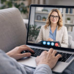 Samtalsterapi online via videosamtal med psykolog – person sitter med laptop hemma i soffan medan psykolog visas i videofönster och ger stöd och samtal.