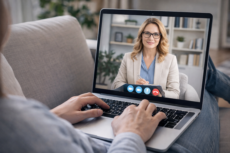 Samtalsterapi online via videosamtal med psykolog – person sitter med laptop hemma i soffan medan psykolog visas i videofönster och ger stöd och samtal.