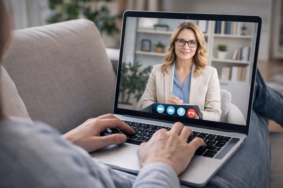 Samtalsterapi online via videosamtal med psykolog – person sitter med laptop hemma i soffan medan psykolog visas i videofönster och ger stöd och samtal.